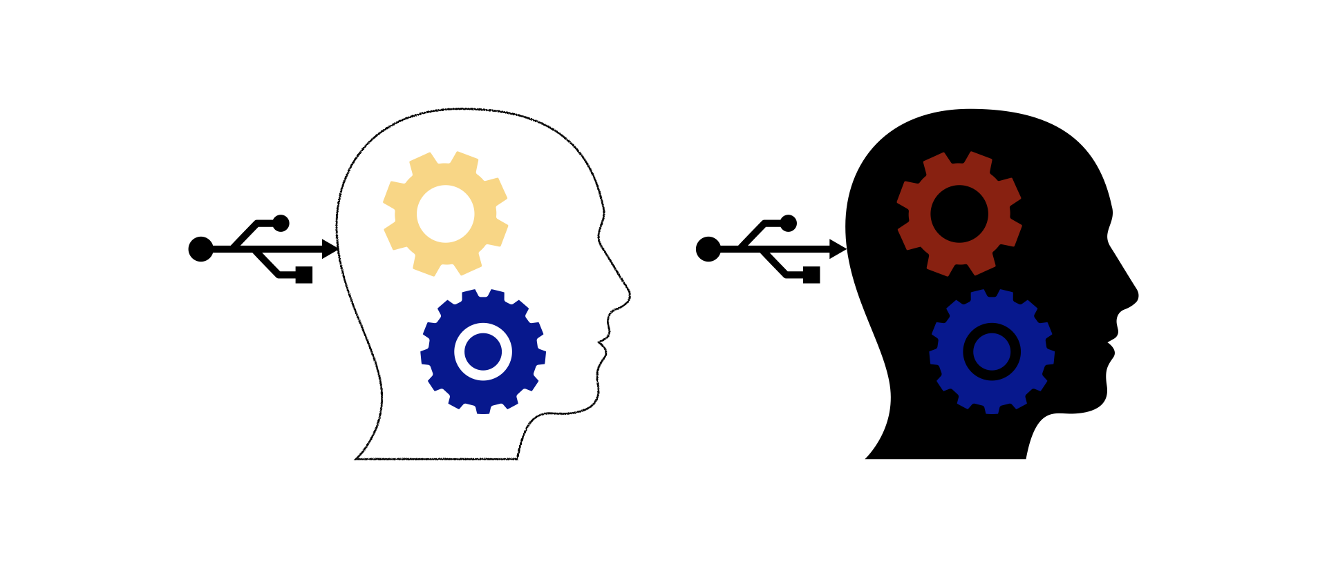 Circuit connecting to head silhouette with gears to represent combining computer and brain.