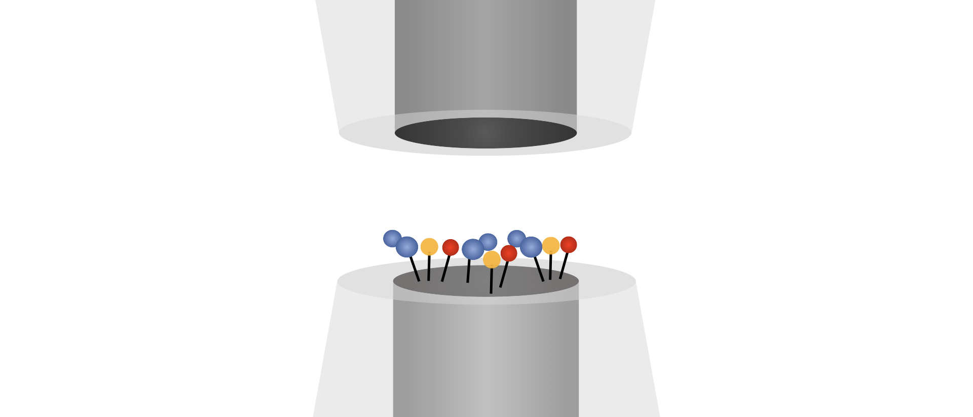 Two electrode tips with depiction of intermediate species between.